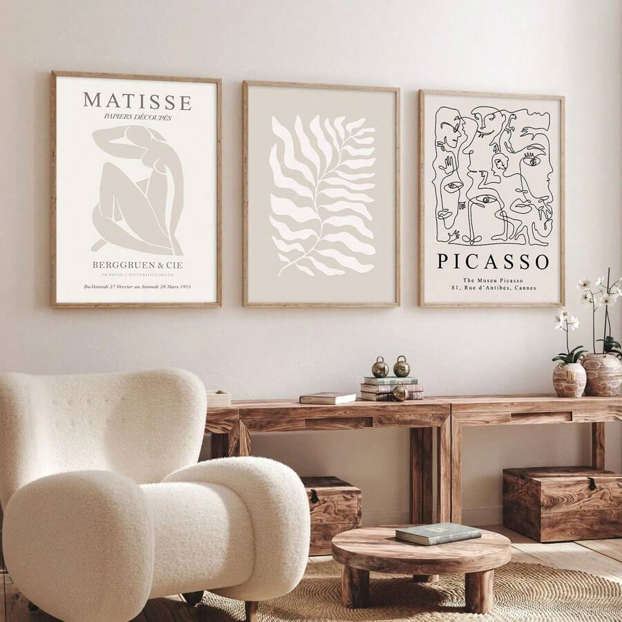 مجموعة من 3 طباعات فنية باللون البيج موضوع بوهيمي، تتضمن لوح كانفاس بنمط بيكاسو، و فن جدران بأسلوب ماتيس، وملصق معرض بيج للفنون، وملصق جمالي لهدية مثالية، يستخدم لتزيين جدران وغرف المنزل، وغير مؤطر - بيج - مشاهدة 1
