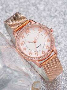 Reloj de cuarzo con esfera digital con diamantes de imitación y correa de plástico con malla, junto con pulsera de flor de rosa (set de 2 piezas) como regalo para estudiantes que regresan a la escuela en San Valentín