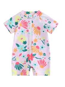 Barboteuse Maillot de bain Fille, Anti-UV avec Fermeture Éclair à Manches Courtes et Imprimé Floral