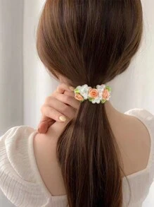 3条玫瑰花和仿珍珠发圈，女士弹性发圈，固定发型不伤发，情人节马尾辫发圈，发圈，橡皮筋发带，发绳，发饰，头饰