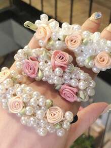 3条玫瑰花和仿珍珠发圈，女士弹性发圈，固定发型不伤发，情人节马尾辫发圈，发圈，橡皮筋发带，发绳，发饰，头饰