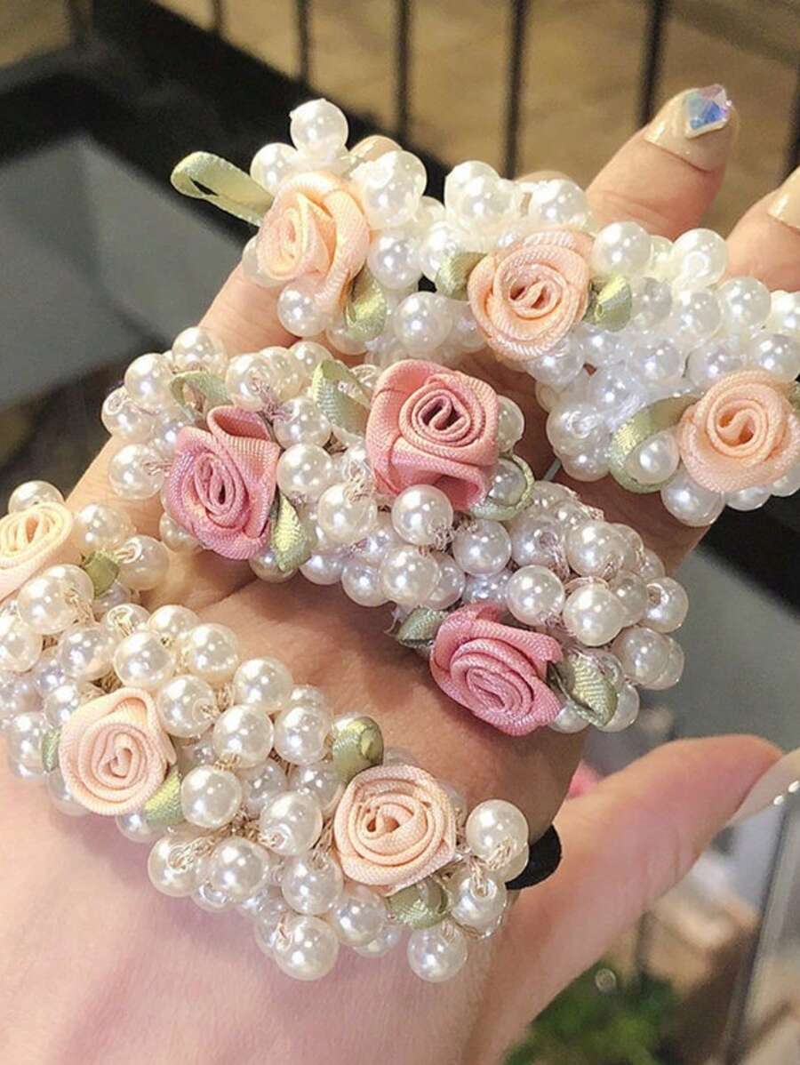 3条玫瑰花和仿珍珠发圈，女士弹性发圈，固定发型不伤发，情人节马尾辫发圈，发圈，橡皮筋发带，发绳，发饰，头饰