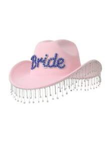 Party 1pc Jean Cowboy Hat For Women With Elegant Rhinestone & Tassel Decor Wide Brim Jazz Hat For Music Festival, Stage Performance, Wedding And Bridesmaid Gift Cowboy Hat Cowgirl Hat - Multicolor - View 12