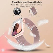 1 bộ dây đeo đồng hồ Milanese bằng thép không gỉ từ tính 3 trong 1 thời trang hợp thời trang và vỏ bảo vệ màn hình kết hợp với pha lê hai hàng tương thích với 38mm 40mm 41mm 45mm 44mm 42mm 46mm 49mm tương thích với Ultra 9 8 7 6 5 4 3 2 1 SE Series 10, Dây đeo đồng hồ thay thế thoải mái, thoáng khí, Vỏ bảo vệ đồng hồ chống trầy xước, chống nước, chống sốc cho nam và nữ - Hồng - Xem 2