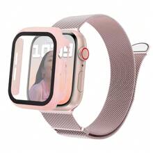 1 bộ dây đeo đồng hồ Milanese bằng thép không gỉ từ tính 3 trong 1 thời trang hợp thời trang và vỏ bảo vệ màn hình kết hợp với pha lê hai hàng tương thích với 38mm 40mm 41mm 45mm 44mm 42mm 46mm 49mm tương thích với Ultra 9 8 7 6 5 4 3 2 1 SE Series 10, Dây đeo đồng hồ thay thế thoải mái, thoáng khí, Vỏ bảo vệ đồng hồ chống trầy xước, chống nước, chống sốc cho nam và nữ - Hồng - Xem 1