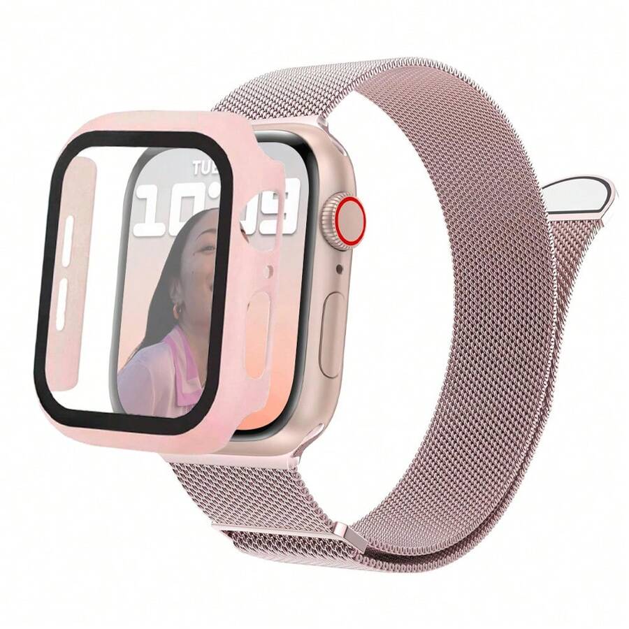 1 bộ dây đeo đồng hồ Milanese bằng thép không gỉ từ tính 3 trong 1 thời trang hợp thời trang và vỏ bảo vệ màn hình kết hợp với pha lê hai hàng tương thích với 38mm 40mm 41mm 45mm 44mm 42mm 46mm 49mm tương thích với Ultra 9 8 7 6 5 4 3 2 1 SE Series 10, Dây đeo đồng hồ thay thế thoải mái, thoáng khí, Vỏ bảo vệ đồng hồ chống trầy xước, chống nước, chống sốc cho nam và nữ - Hồng - Xem 1