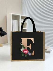 Casual Tote Bags For Women, Large Capacity Shopping Bag, Linen Beach Tote Bag, Gold 26 Letter Print Commuter Tote Bag, Jute Tote Bag Women's Shopping Bag, Gold Lettering And Flowers, Large Capacity Reusable Shopping Bag, Summer Essentials, Perfect For Vacation & Holiday, School Bag, Portable, Large Capacity, For Teen Girls Women College Students, Perfect For Office, College, Middle School ,Vacation Essentials - Black - View 21