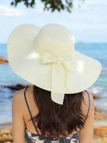 Bow Decor Wide Brim Straw Hat - White - View 2