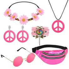 7入組嬉皮士服裝配件,60年代70年代嬉皮士裝配飾品女性供品,時尚眼鏡、波希米亞和平標誌項鍊、耳環、手環和頭帶 - 彩色 - 查看 14
