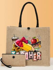 Bolsa De Regalo Del Día Del Maestro, Conjunto De 2 Piezas De Bolsa De Mano Impresa, Bolso Ligero Con Cartera Para Comprar Y Viajar - Caqui - Ver 2