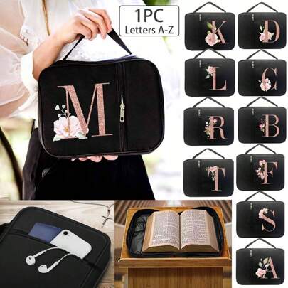 1個包,帶有首字母印刷,封面,夾,攜帶式收納袋,帶有拉鍊和口袋,適用於標準尺寸的袋,用於學習,封面,花卉盒,帶手柄的袋,非常適合成年女性和男性進行學習（黑色）（拉鍊位置隨機）