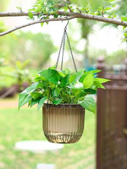 1pc Simple Design Transparent Hanging Planter, Plastic Big Mouth Self-Watering Basket, Visible Water Level Plant Pot For Spider Plant