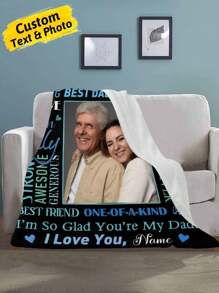 1pc Custom Photo And Text Blanket, Personalized Throw Blanket With Picture, 5 Sizes For You, Daddy I'm So Glad You Are My Daddy I Love You Black Blanket, Dad Birthday Gifts From Daughter Son, Ideal For Birthdays, Father's Day For Papa For Father For Daddy, Holiday Gift, New Year Gift, Thanksgiving Gift