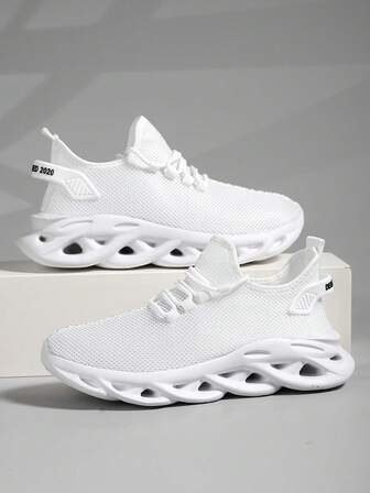 Men's White Breathable Mesh Casual Sports Shoes, Thick-Soled Lightweight Outdoor Running Shoes With Lift Height