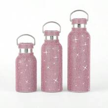 A Pink Rhinestone Coated Bottle In 350ml, 500ml, And 750ml With Stainless Steel Strap. Available In Various Capacities & Handmade With Rhinestone. Suitable For Traveling, Outdoor, Home Use, Sports And As Gifts. Water Bottle Back To School