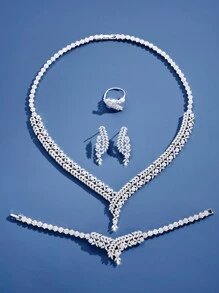 DV JEWELRY Zestaw 5 sztuk białego złota pozłacanego cyrkonii sześciennych luksusowy naszyjnik bransoletka kolczyki otwarty pierścień zestaw biżuterii, elegancki prezent biżuterii dla kobiet, z pudełkiem prezentowym