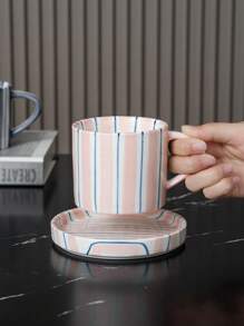 Cabin Kangaroo 1套北歐條紋陶瓷杯碟套裝，Ins風格量杯碟套裝，家用飲杯，精美茶杯碟套裝 - 一個粉紅色陶瓷杯碟套裝 - 查看 6
