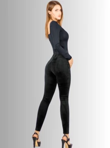 Leggings de Mujer  Acabado Terciopelo de Talle Alto Mallones Stretch - Negro - Ver 2
