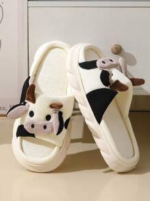 Zapatillas De Lino Con Diseño De Vaca Animada Para Todas Las Temporadas De Primavera Y Otoño, Transpirables Y Antideslizantes, Gruesas De Suela Absorbentes Del Sudor Para Mujer Para Uso En Interiores Y Exteriores - Blanco y Negro - Ver 4