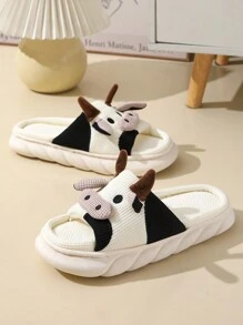 Zapatillas De Lino Con Diseño De Vaca Animada Para Todas Las Temporadas De Primavera Y Otoño, Transpirables Y Antideslizantes, Gruesas De Suela Absorbentes Del Sudor Para Mujer Para Uso En Interiores Y Exteriores - Blanco y Negro - Ver 3