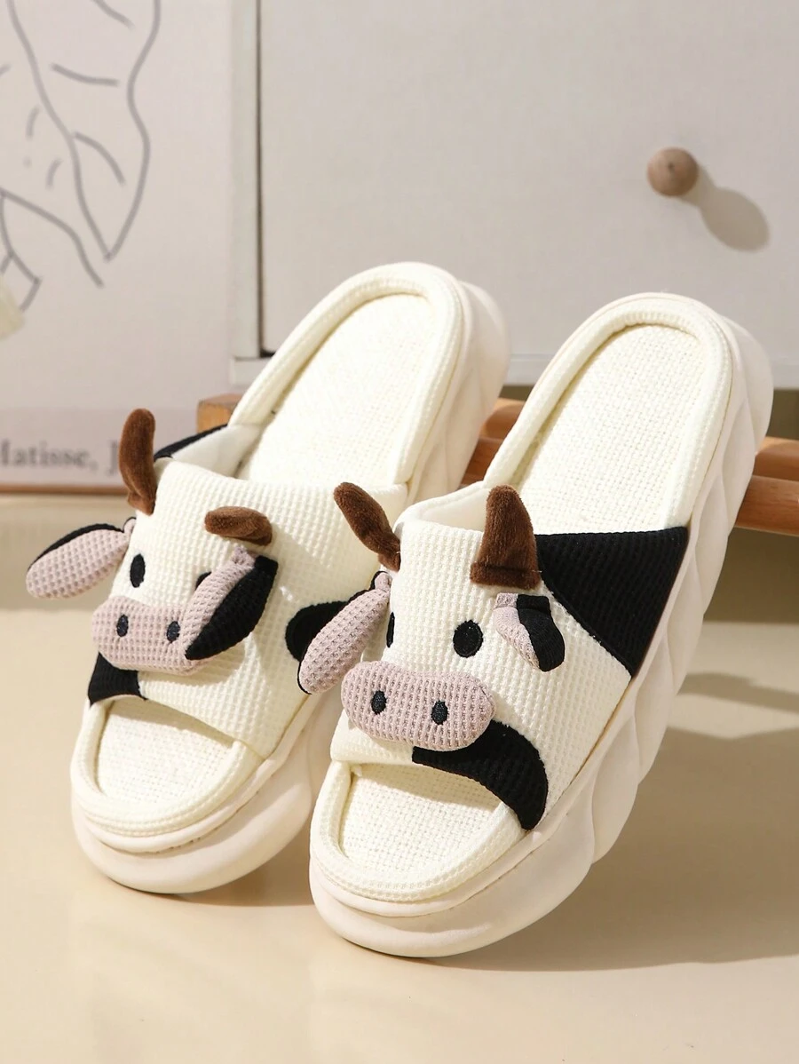 Zapatillas De Lino Con Diseño De Vaca Animada Para Todas Las Temporadas De Primavera Y Otoño, Transpirables Y Antideslizantes, Gruesas De Suela Absorbentes Del Sudor Para Mujer Para Uso En Interiores Y Exteriores - Blanco y Negro - Ver 1