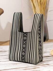 迷你条纹针织黑白钩编透气轻便可折叠便携式开口简约女士手提包，可携带手机、雨伞、化妆品、口红、香水、书籍、iPad、衣服，可爱的女士手提包，可作为礼物或存放日常必需品，适合节日、上学、通勤、购物、拍照，最佳母亲节礼物创意，母亲节礼物，妈妈礼物，妈妈的必需品，外出妈妈包 - 黑與白 - 查看 2