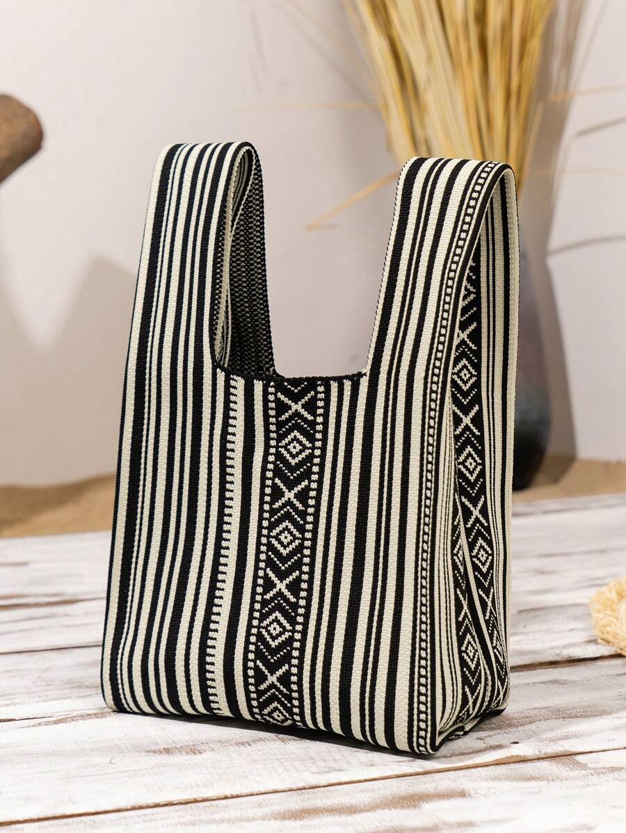 迷你条纹针织黑白钩编透气轻便可折叠便携式开口简约女士手提包，可携带手机、雨伞、化妆品、口红、香水、书籍、iPad、衣服，可爱的女士手提包，可作为礼物或存放日常必需品，适合节日、上学、通勤、购物、拍照，最佳母亲节礼物创意，母亲节礼物，妈妈礼物，妈妈的必需品，外出妈妈包