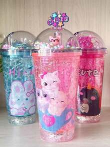 DING SHENG STORE VASO DE LUZ, VASO CON LUZ , VASO DE HIIDROGEL CON LUZ , Vaso de Hidrogel con luz led 500ml, VASO HIDRO GEL DISEÑO,  Tapa Con Doble Capa Y Diseño De Estrella De Purpurina De Colores, Adecuada Para Parejas Estadounidenses De Café Helado Y Vasos De Plástico Para Agua. - Rosa - Ver 3