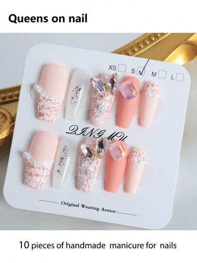 10 PCS Handmade False Nails, Glitter Sequins/Butterfly Diamond Decoration/Pearls, Graduation Season Gift, Symbol Of Friendship, Girls Bridal Party Daily Wear, Valentine's Day Gift, Mother Daughter Christmas Gift, Accessories, 4537