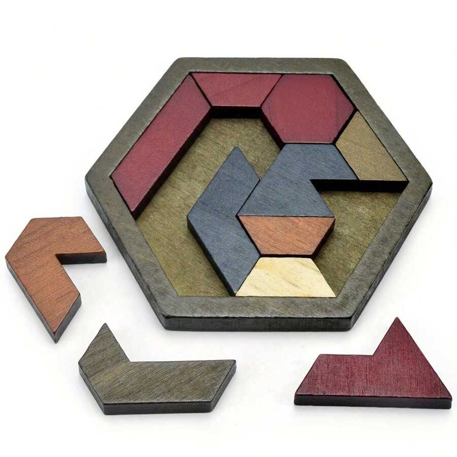 Wooden Hexagon Tangram Puzzle - Challenging Brain Teaser Game For ...