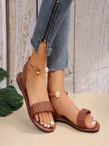 Women Flat Sandals Summer Brown Beach Shoes Woven Strap Leisure Beaded All-Match Beige