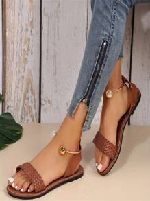 Women Flat Sandals Summer Brown Beach Shoes Woven Strap Leisure Beaded All-Match Beige
