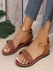 Women Flat Sandals Summer Brown Beach Shoes Woven Strap Leisure Beaded All-Match Beige