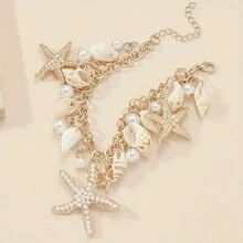 1pc Classic Bohemian Beach Vacation Style Starfish Seashell Faux Pearl Pendant Bracelet Jewelry For Women - Yellow Gold - View 2