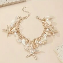 1pc Classic Bohemian Beach Vacation Style Starfish Seashell Faux Pearl Pendant Bracelet Jewelry For Women - Yellow Gold - View 4