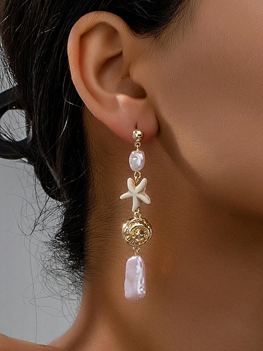 1 par de pendientes colgantes de estrella de mar, caracol marino y perla falsa con piedra de turquesa para mujeres, ideales para vacaciones de verano y playa - A8823 - Ver 1