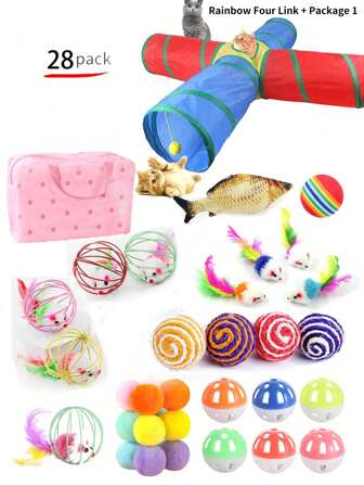 28 件猫玩具隧道、猫彩虹 S 形隧道、四向隧道、长直隧道、L 形隧道、互动猫玩具抓桶、可折叠猫玩具、多种颜色款式