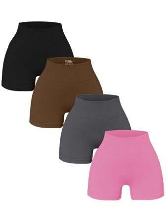 4入組女士瑜伽無縫短褲，高腰，高彈性，透氣排汗，純色，適合日常穿著和運動彈性紧身短裤女士內褲