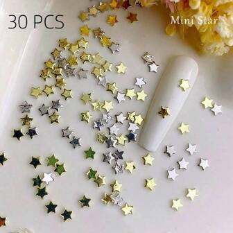 30 Mini Star Nail Accessories, Gold And Silver, Small Star Nail Decorations, Small Pentagram Mini Fingertip Accessories, Nail Decorations Diy Nail Charms Nail Gems Nail Supplies Nails