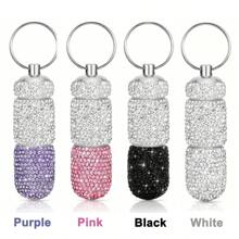 Portable Bling Keychain Storage Box 2 Compartments Small Travel Storage Case Pill Organizer Outdoor Rhinestone Waterproof Small Pill Holder With Keychain Cute Storage Box For Outdoor Camping Case