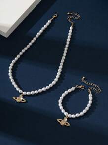 1 Set Damen Armband mit Planeten-Strass-Einlagen und Halskette mit Strass-Perlen