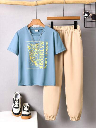 Vihyde 青少年男孩豹紋和字母印花T恤和煙霧藍卡其色運動褲套裝