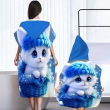 创新可爱的猫咪图案连帽亲子巾，现代风格超细纤维长方形吸水换尿布斗篷，多功能毛巾，适用于室内浴室和户外海滩。夏季婚礼家居浴室装饰沙滩装返校季 - 彩色 - 查看 4