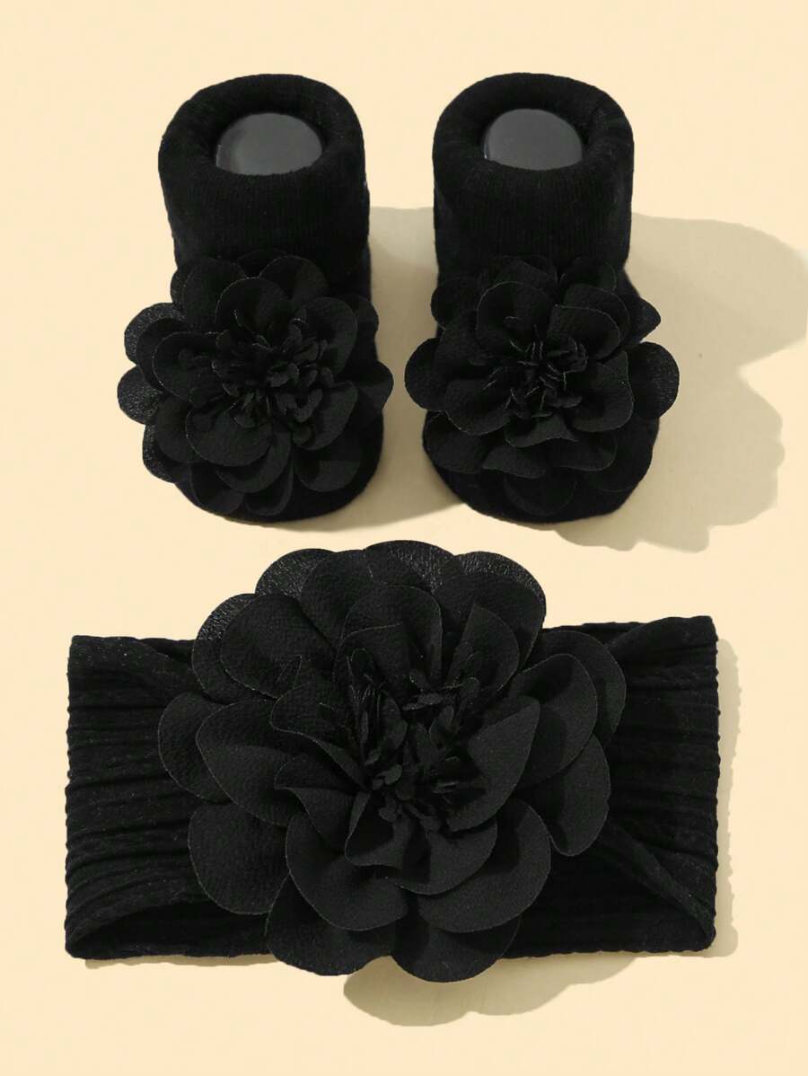 1 件婴儿公主风格柔软尼龙花朵装饰头带 + 1 双防滑地板袜 适合婴儿幼儿 爱情情人节 - 黑色 - 查看 1