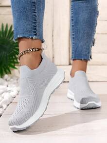 Giày thể thao đan trơn cho nữ, giày đi bộ đế mềm và dày, giày tất thoáng khí cổ thấp cho học sinh - Xám - Xem 2