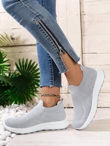 Giày thể thao đan trơn cho nữ, giày đi bộ đế mềm và dày, giày tất thoáng khí cổ thấp cho học sinh - Xám - Xem 3