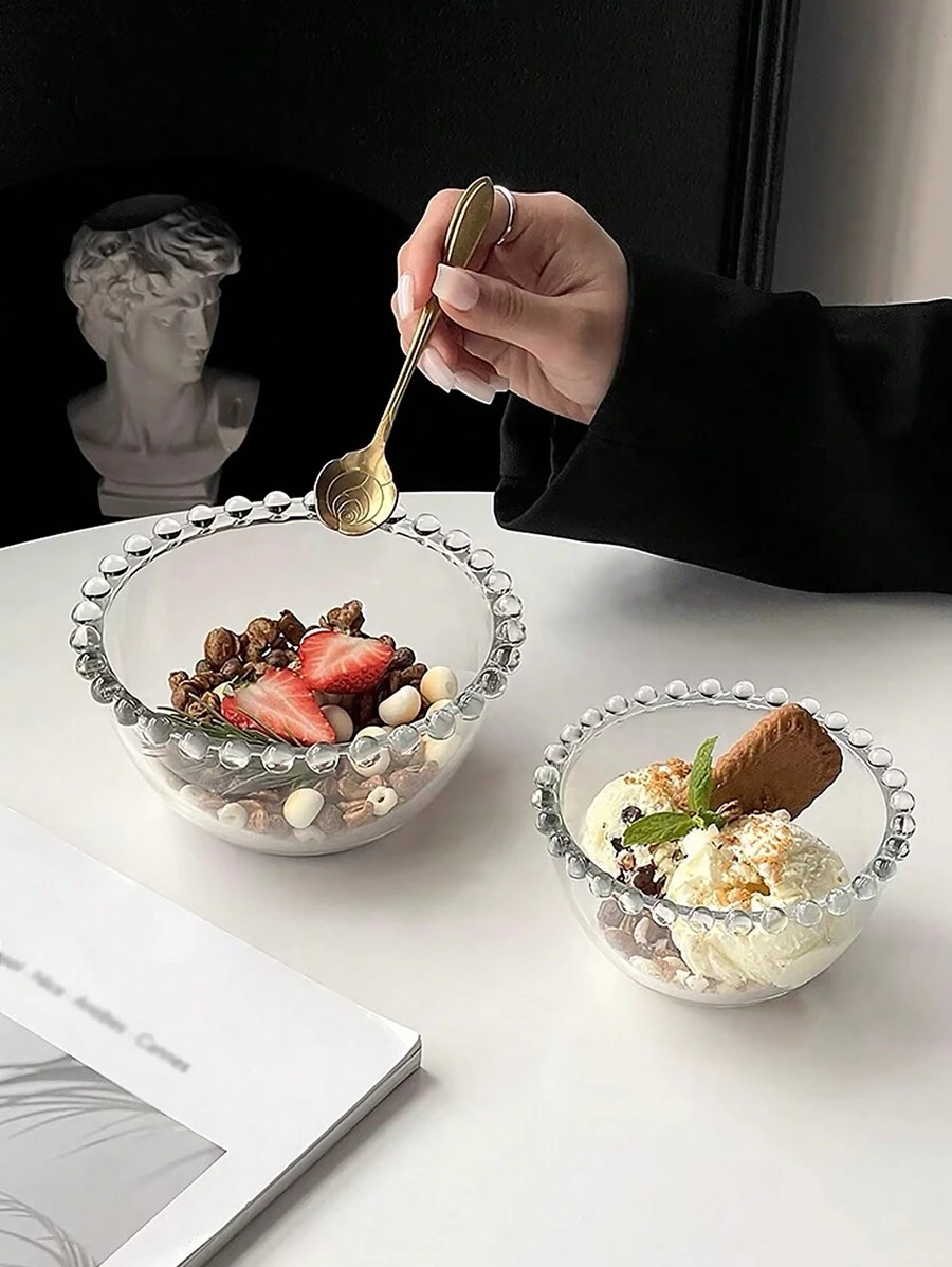 1pc Simple And Creative Beaded Glass Bowl For Desserts, Ice Cream, Fruit Salads, Soy Sauce, Oatmeal And Yogurt, Household Tableware - Clear - View 1