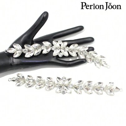 Perlon Joon 1入組樹枝葉子銀色水晶繡花配白色玻璃鑲嵌裝飾貼布,可縫上鞋子,婚禮配件