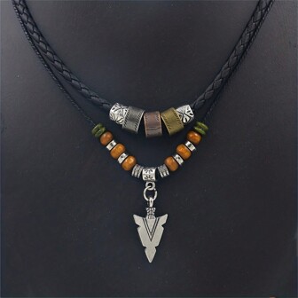 1pc Stackable Pu Leather Woven Beaded Necklace, Vintage Multilayer Collarbone Chain For Men, Students, Retro Fashionable Couple Jewelry Gift, Multiple Styles Available