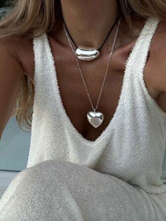 2 Piezas Moda Acero Inoxidable Doble Capa Corazón Colgante Collar, Joyería De Vacaciones Para Mujeres